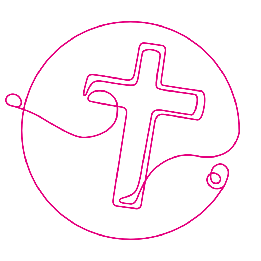 Das Icon zum Thema Beerdigung zeigt die Zeichnung eines Kreuzes in einem Kreis. Die Zeichnung besteht aus einer durchgehenden Linie, einem Oneliner.