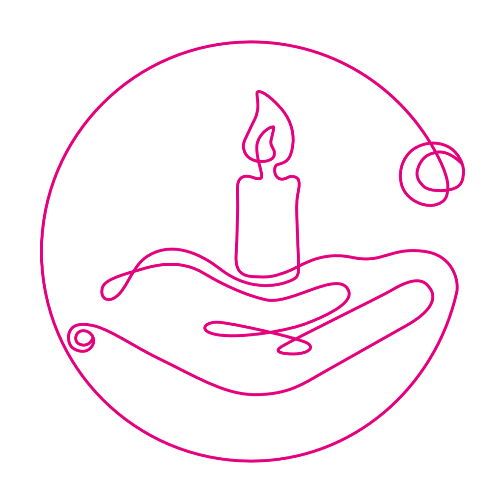 Das Icon zum Thema Segensritual zeigt die Zeichnung einer nach oben geöffneten Hand, die eine brennende Kerze hält. Die Hand ist von einem Kreis umgeben. Die Zeichnung besteht aus einer durchgehenden Linie, einem Oneliner.
