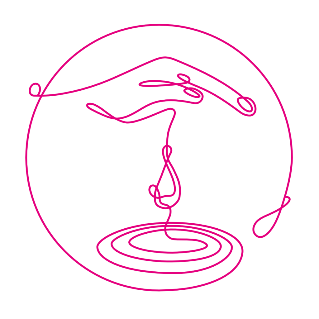 Das Icon zum Thema Taufe zeigt die Zeichnung einer nach unten geöffneten Hand, aus der ein Tropfen fällt. Die Hand ist umgeben von einem Kreis. Die Zeichnung besteht aus einer durchgehenden Linie, einem Oneliner.
